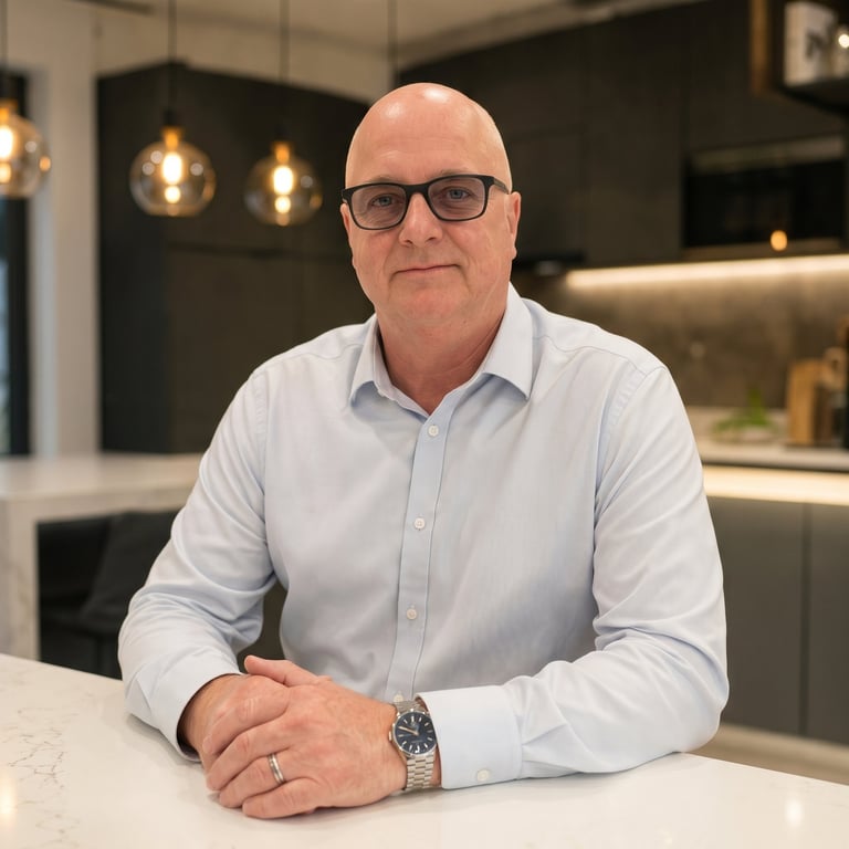 Paul Newman, founder of Renovate Property Services, seated in a modern kitchen