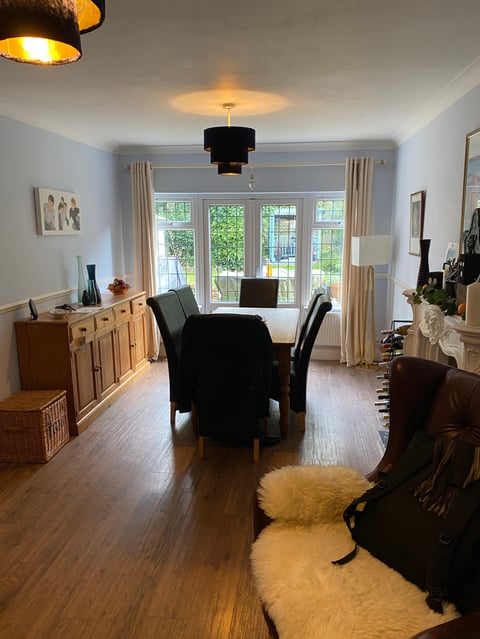 Modern living room with light blue walls, black dining table with chairs, wooden furniture, large glass doors overlooking greenery, and black pendant light fixture